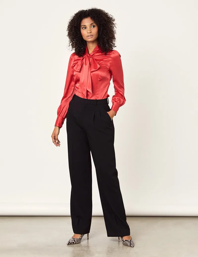 Red Fitted Satin Blouse, Pussy Bow