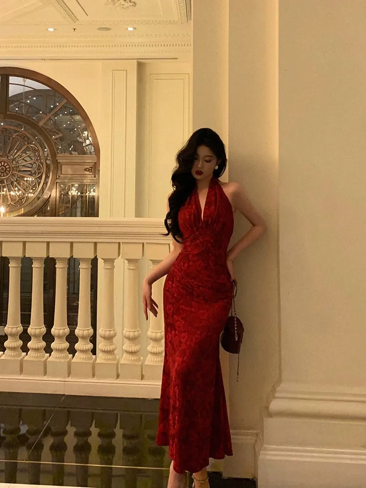 Red printed halter neck dress party dress    S5521