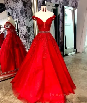 Red v neck tulle lace long prom dress red tulle evening dress