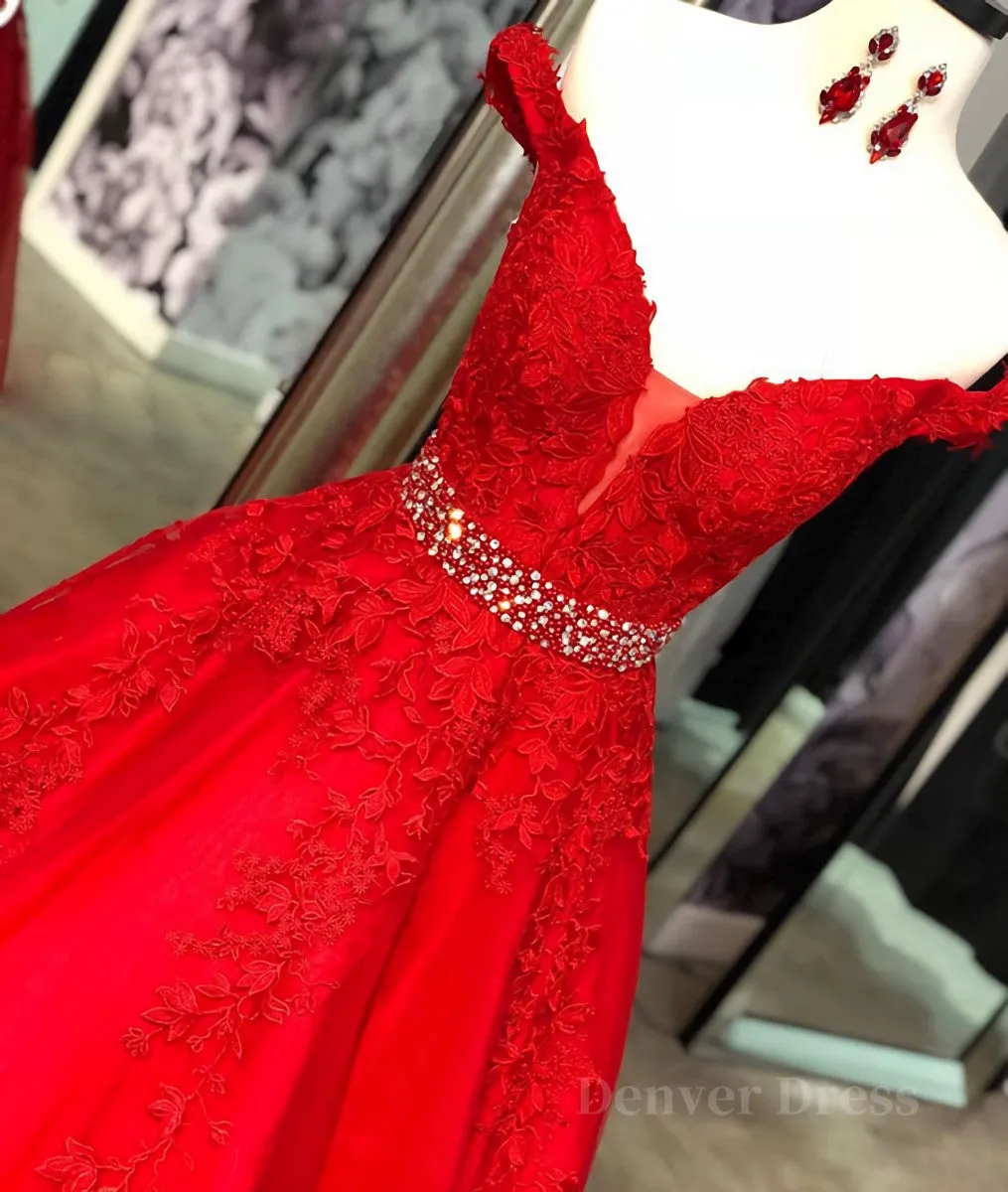 Red v neck tulle lace long prom dress red tulle evening dress