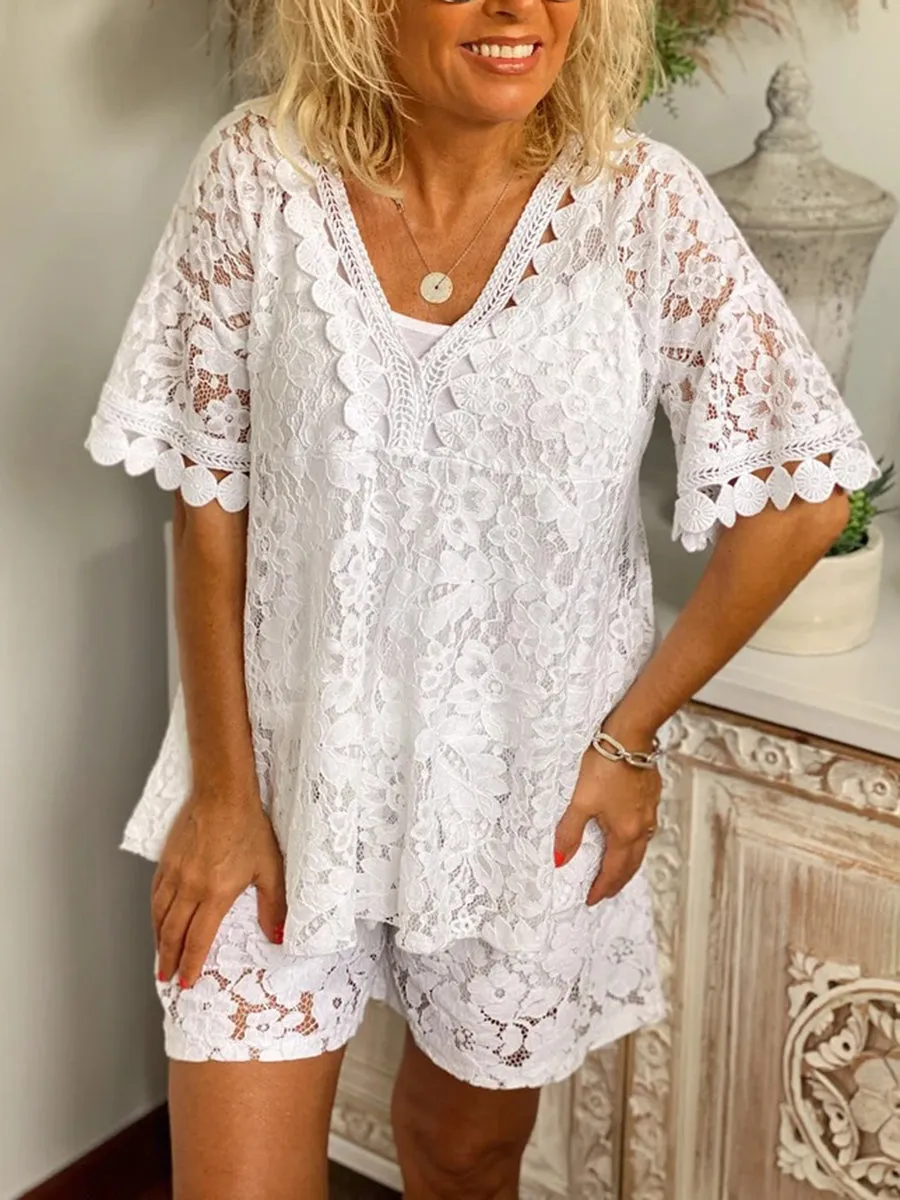 Romantic Lace V Neck Top Shorts Set