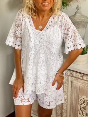 Romantic Lace V Neck Top Shorts Set