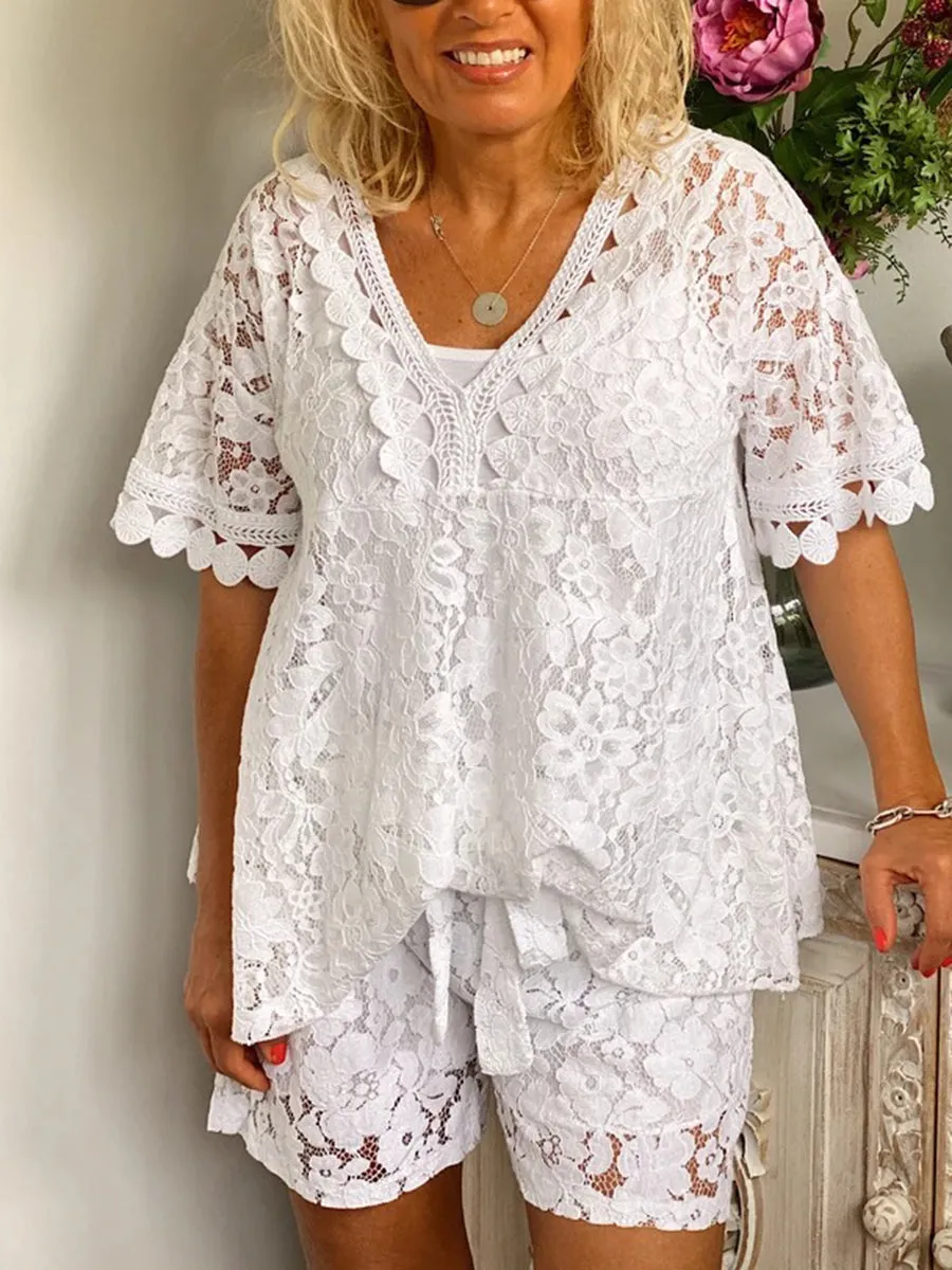 Romantic Lace V Neck Top Shorts Set