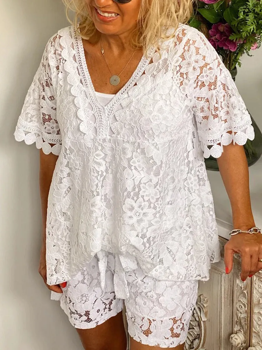 Romantic Lace V Neck Top Shorts Set