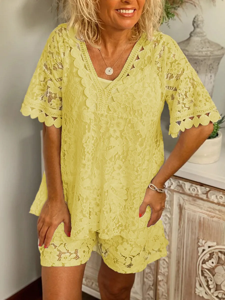 Romantic Lace V Neck Top Shorts Set