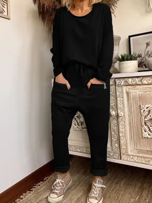 Round Neck Long-sleeved Top and Trousers Casual Suit