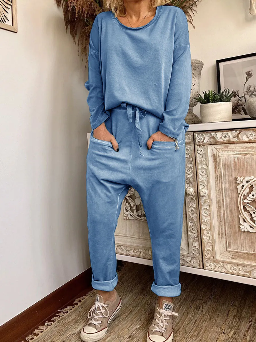 Round Neck Long-sleeved Top and Trousers Casual Suit