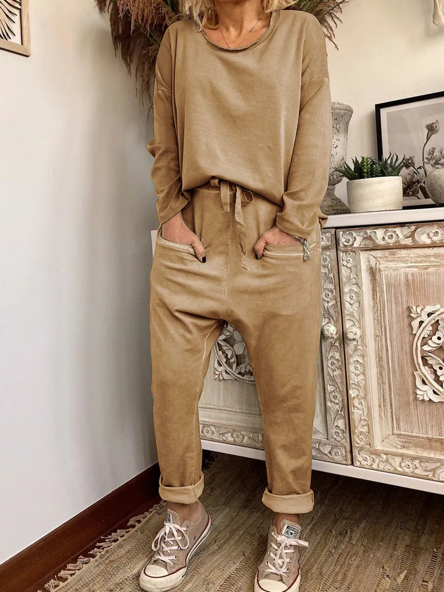 Round Neck Long-sleeved Top and Trousers Casual Suit