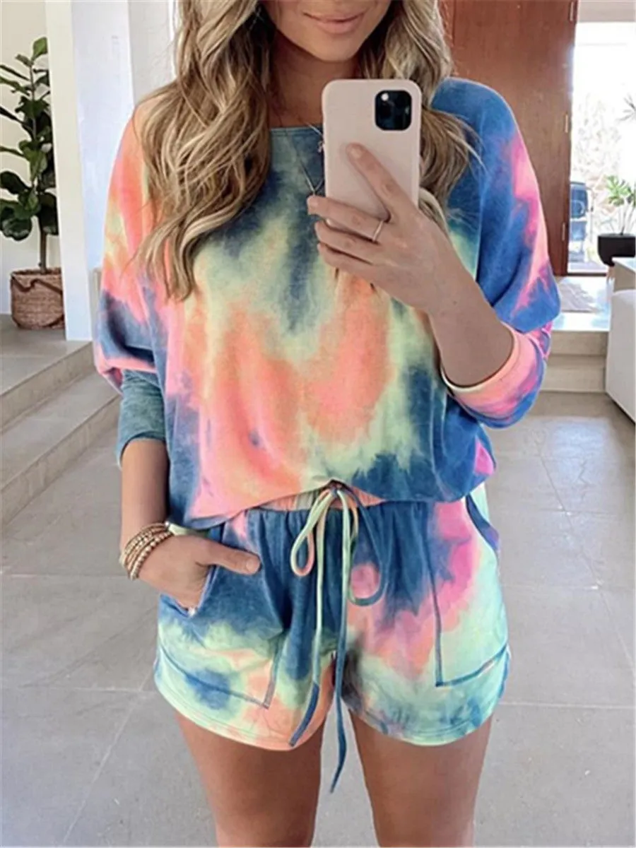 Round neck tie-dye short sleeve suit