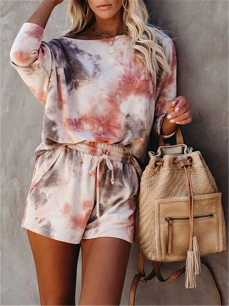 Round neck tie-dye short sleeve suit