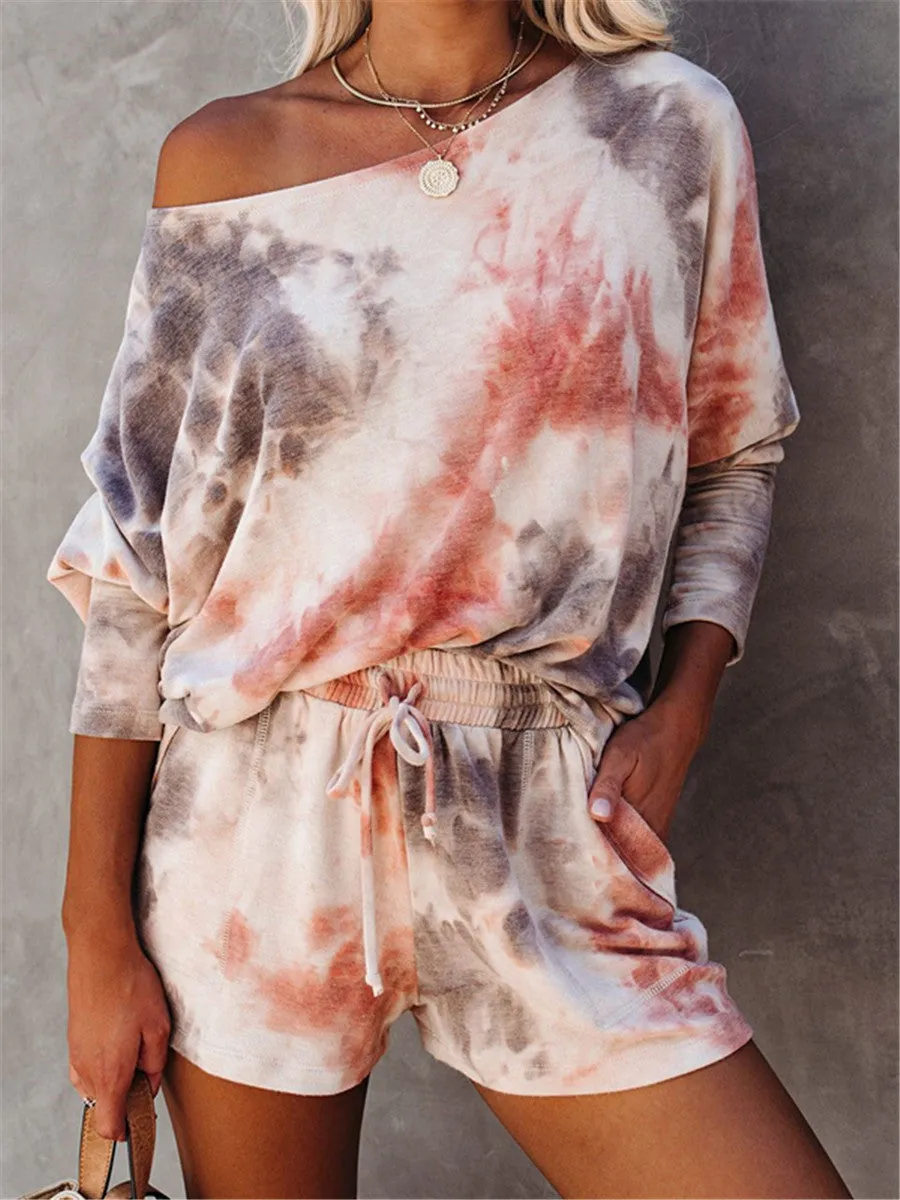 Round neck tie-dye short sleeve suit