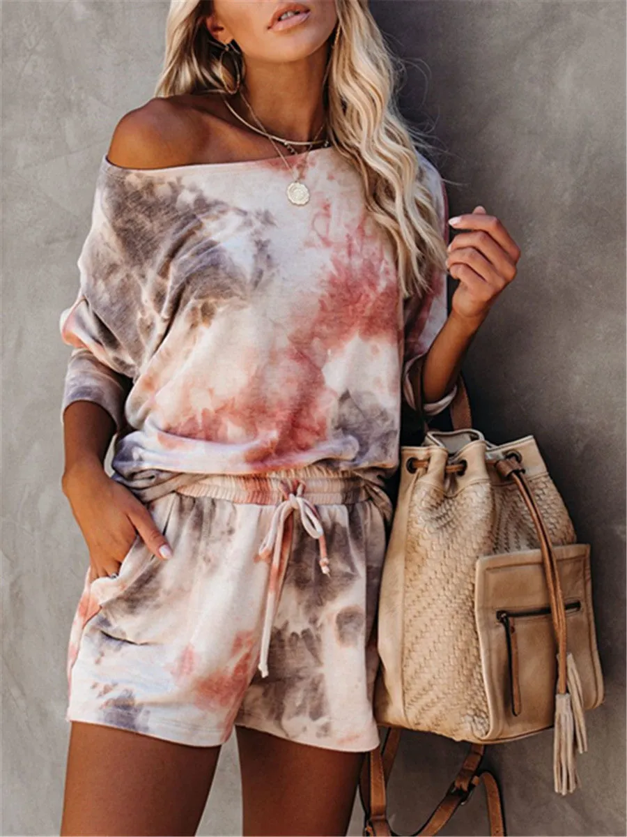 Round neck tie-dye short sleeve suit