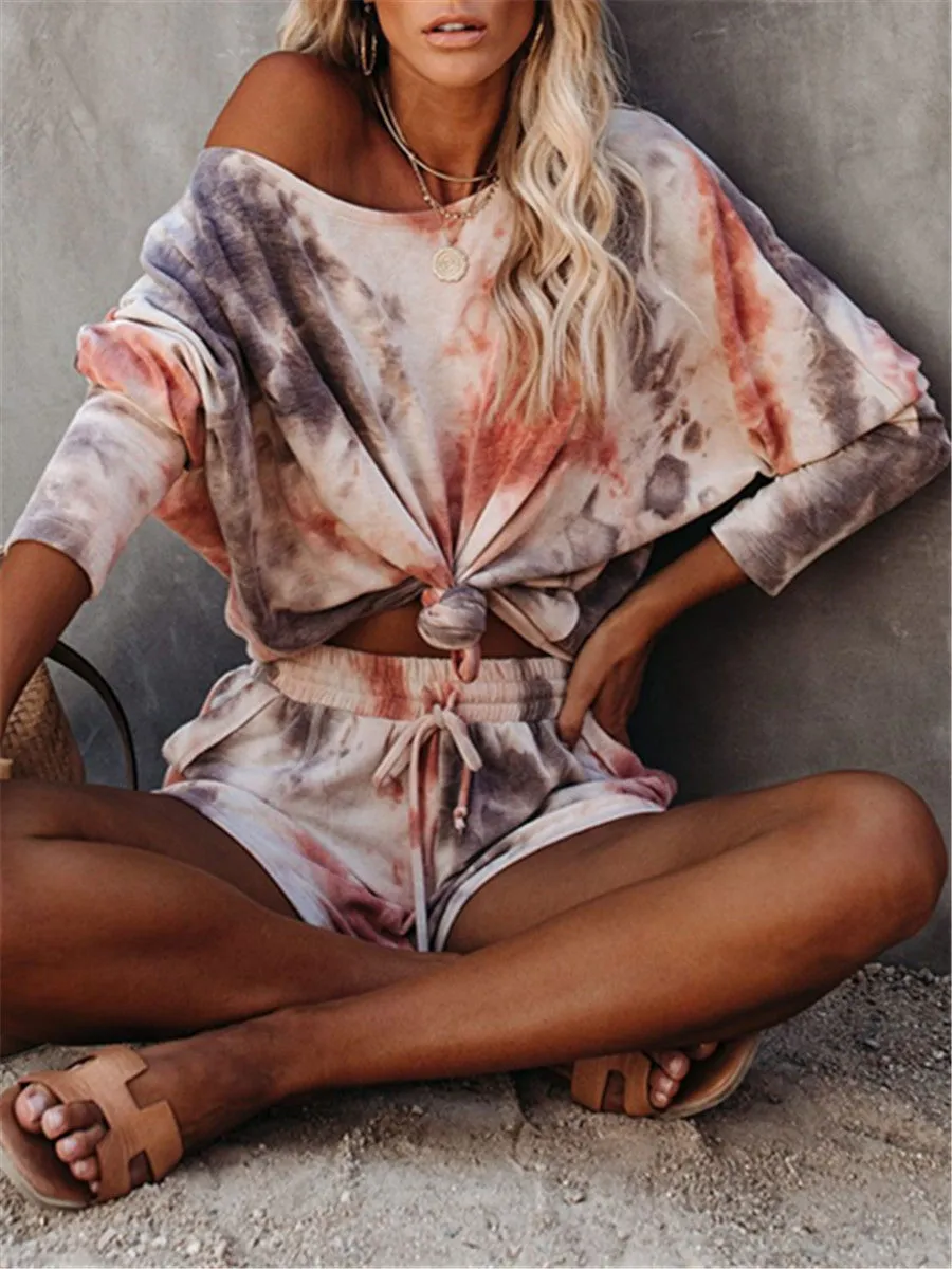 Round neck tie-dye short sleeve suit