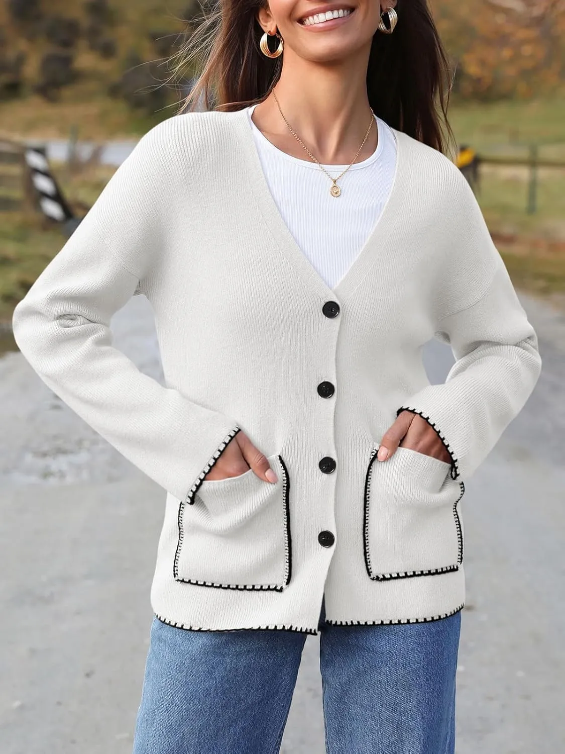 Saodimallsu Womens Fall Cardigan 2024 Button Down Trendy Knit Open Front Casual Loose Sweaters Coat with Pockets