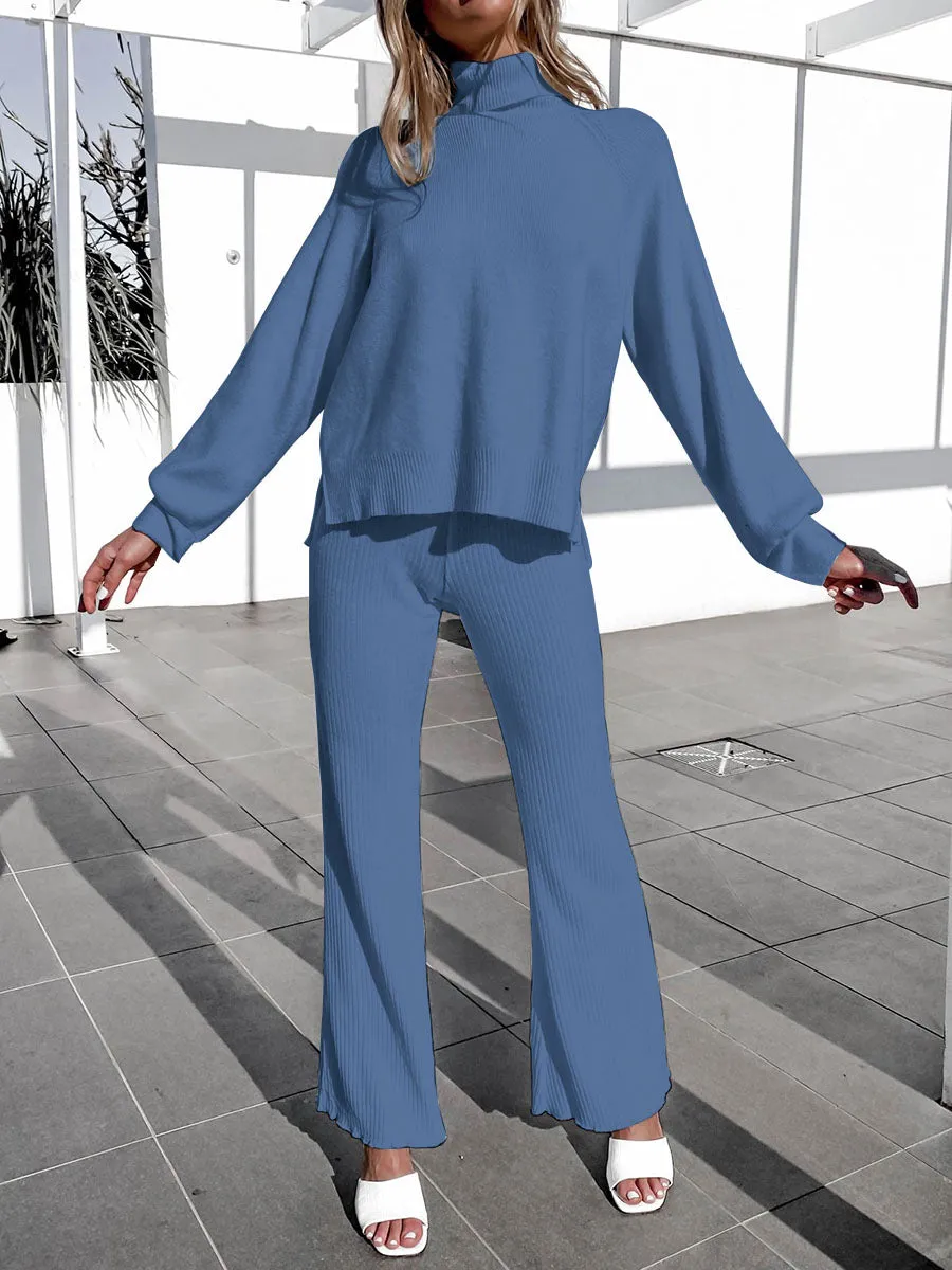 Simple Casual Loose High Neck Top Pants Knit Suit