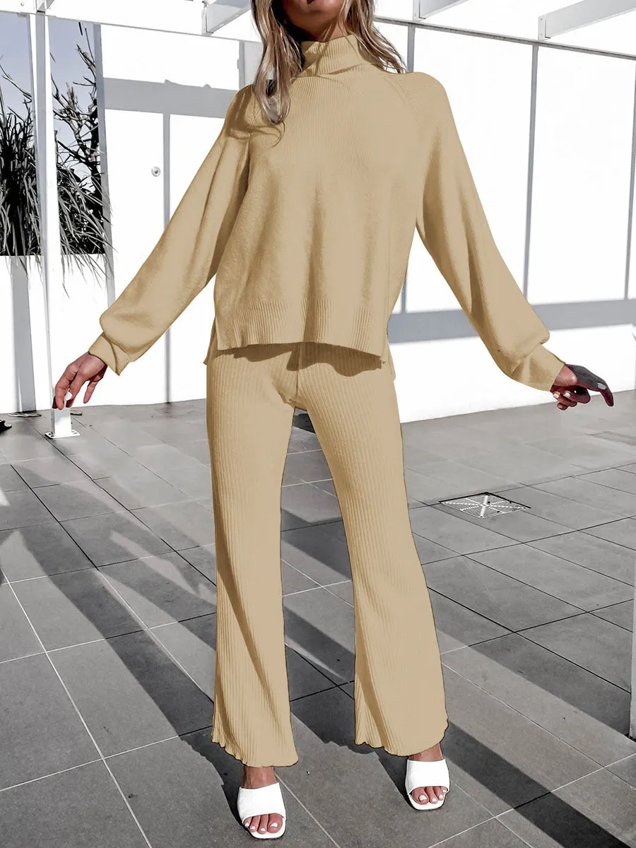 Simple Casual Loose High Neck Top Pants Knit Suit