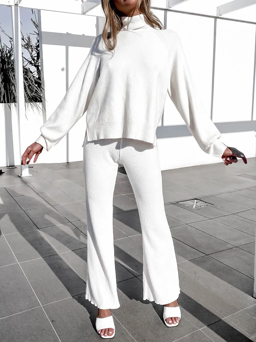 Simple Casual Loose High Neck Top Pants Knit Suit