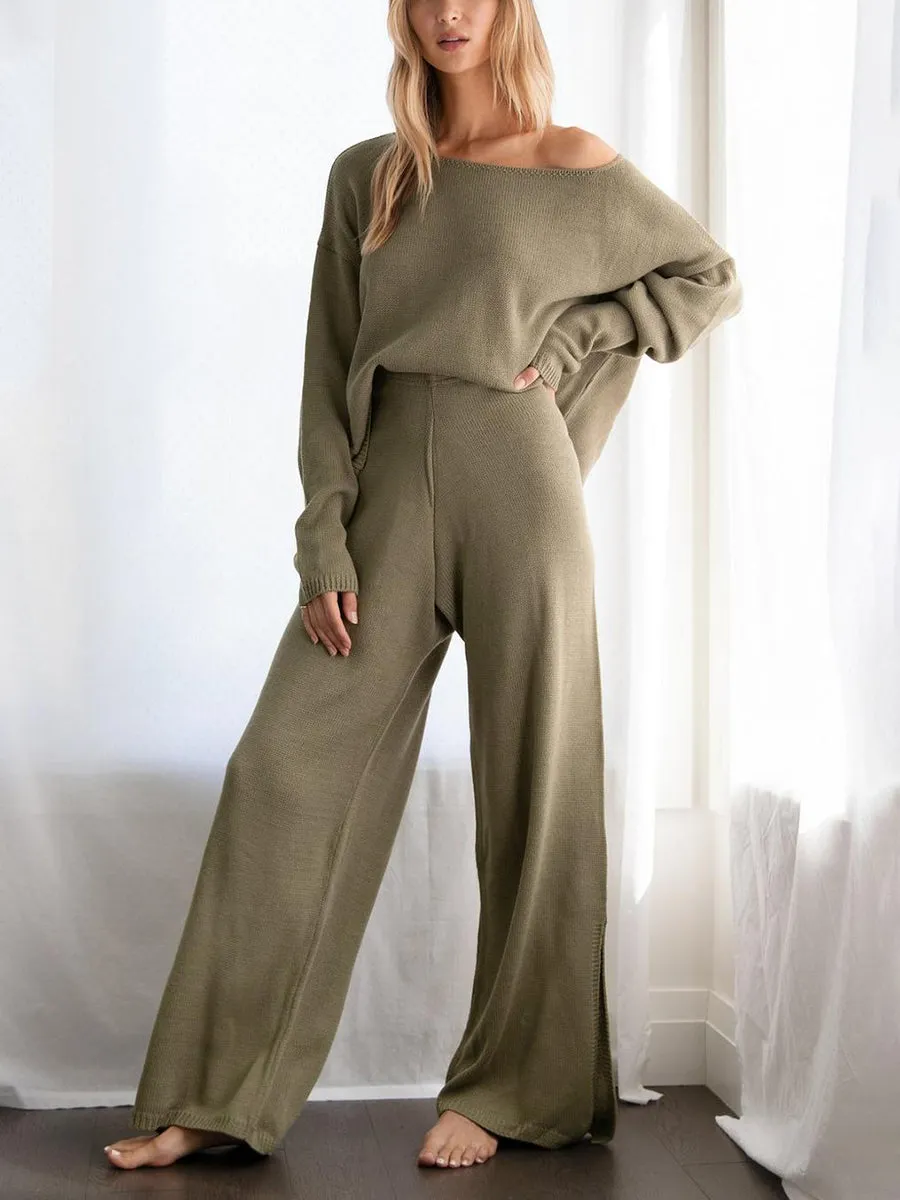 Simple Casual Loose Top Pants Knitted Set