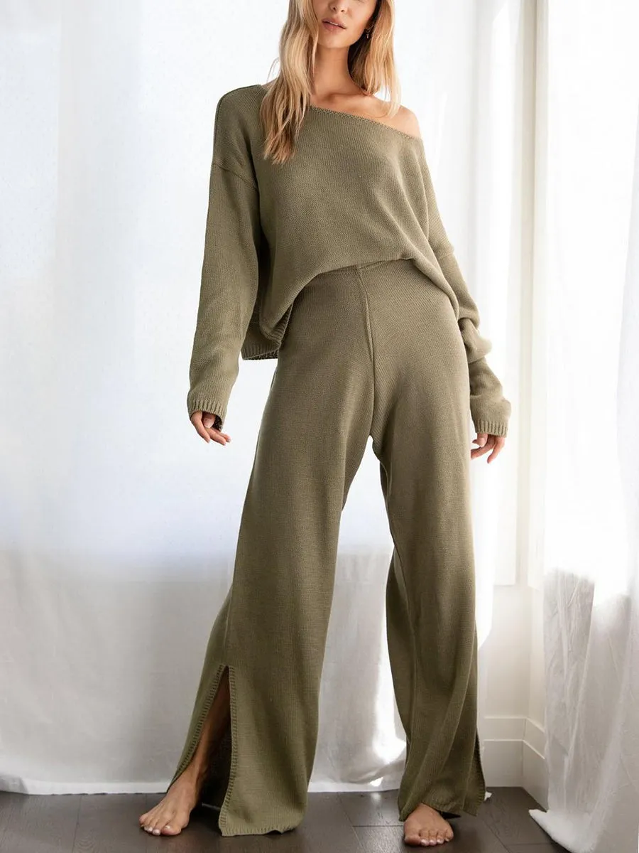 Simple Casual Loose Top Pants Knitted Set