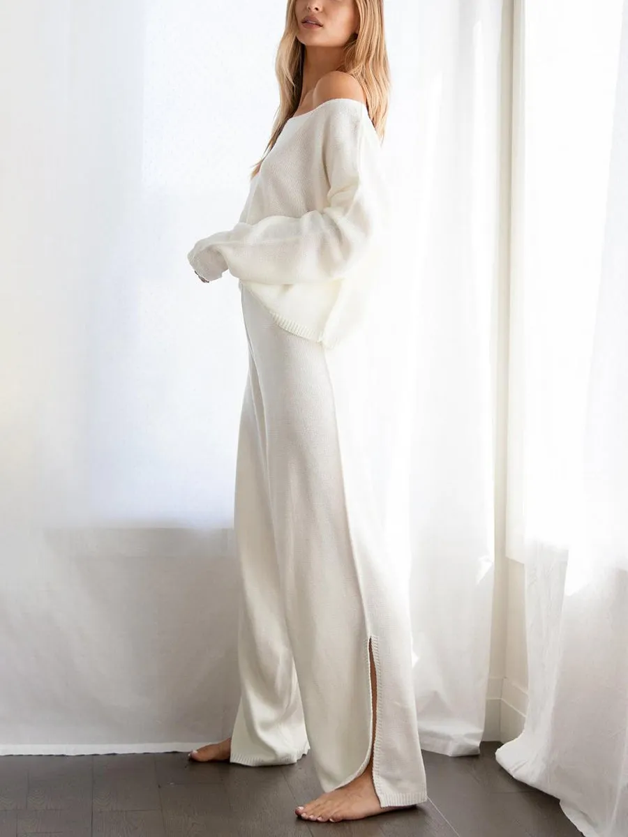 Simple Casual Loose Top Pants Knitted Set