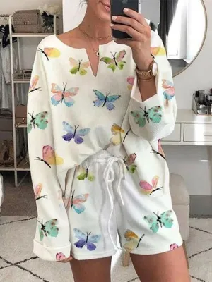 Simple Casual Loose Top Pants Romantic Idyllic Butterfly Suit