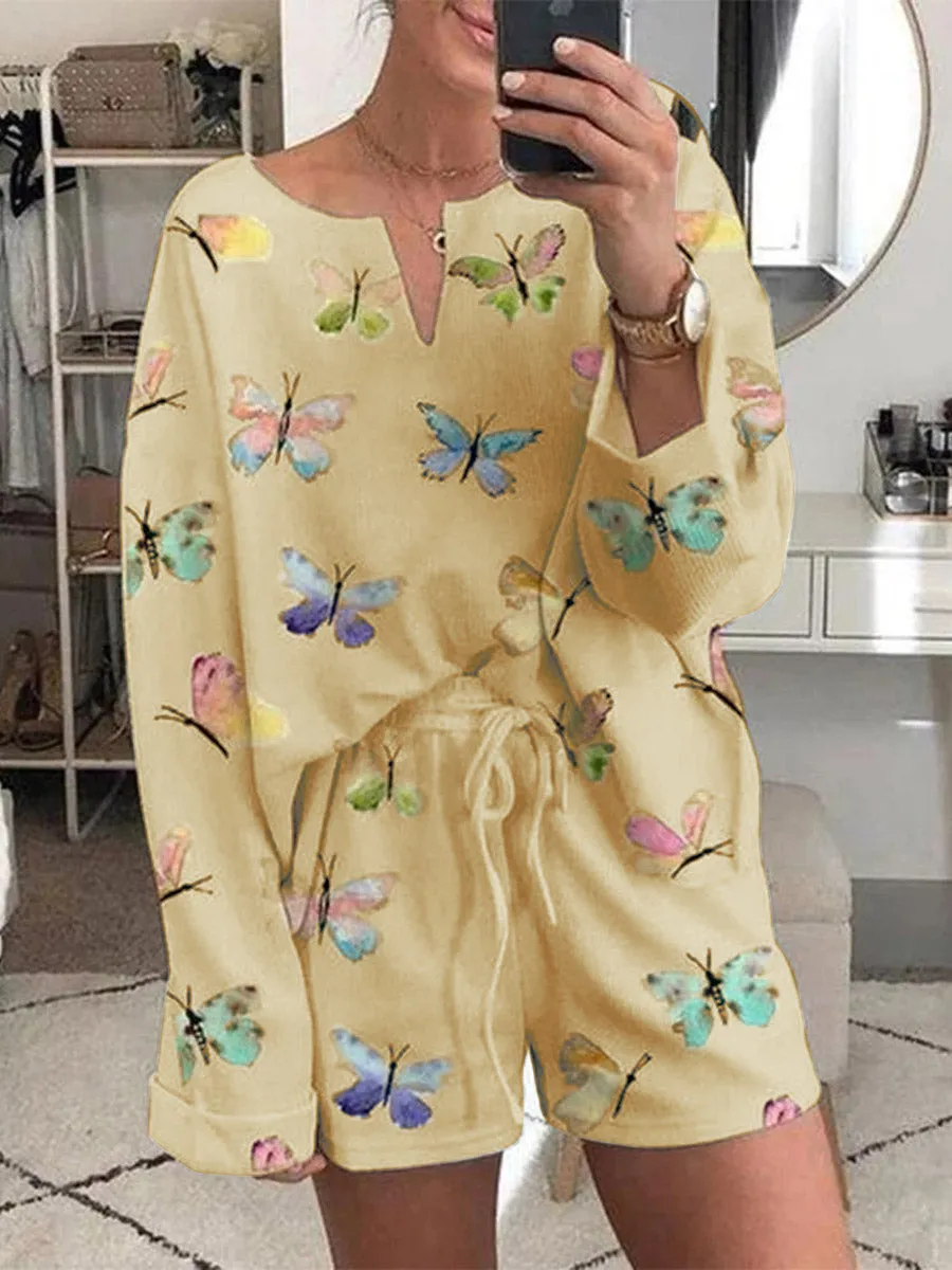 Simple Casual Loose Top Pants Romantic Idyllic Butterfly Suit