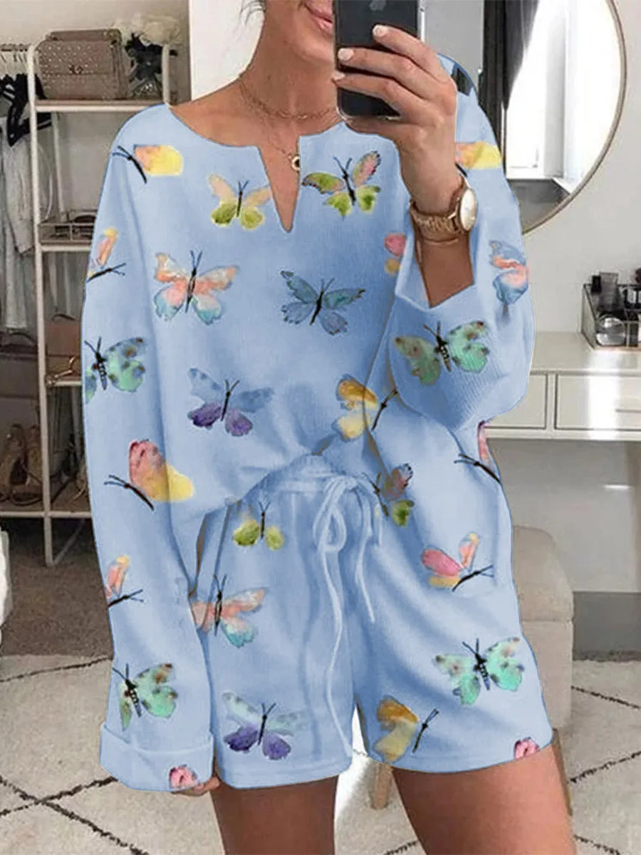 Simple Casual Loose Top Pants Romantic Idyllic Butterfly Suit