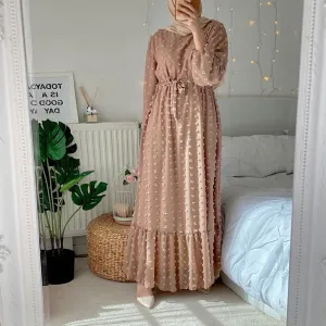 Siskakia Solid 3D Pompon Maxi Long Dress for Women Fall O Neck Full Sleeve Muslim Duabi Turkey Qtar Oman Arabic Clothes