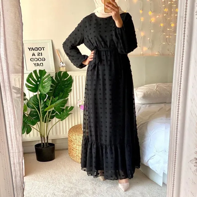 Siskakia Solid 3D Pompon Maxi Long Dress for Women Fall O Neck Full Sleeve Muslim Duabi Turkey Qtar Oman Arabic Clothes
