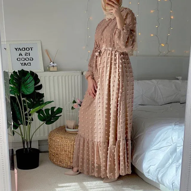 Siskakia Solid 3D Pompon Maxi Long Dress for Women Fall O Neck Full Sleeve Muslim Duabi Turkey Qtar Oman Arabic Clothes