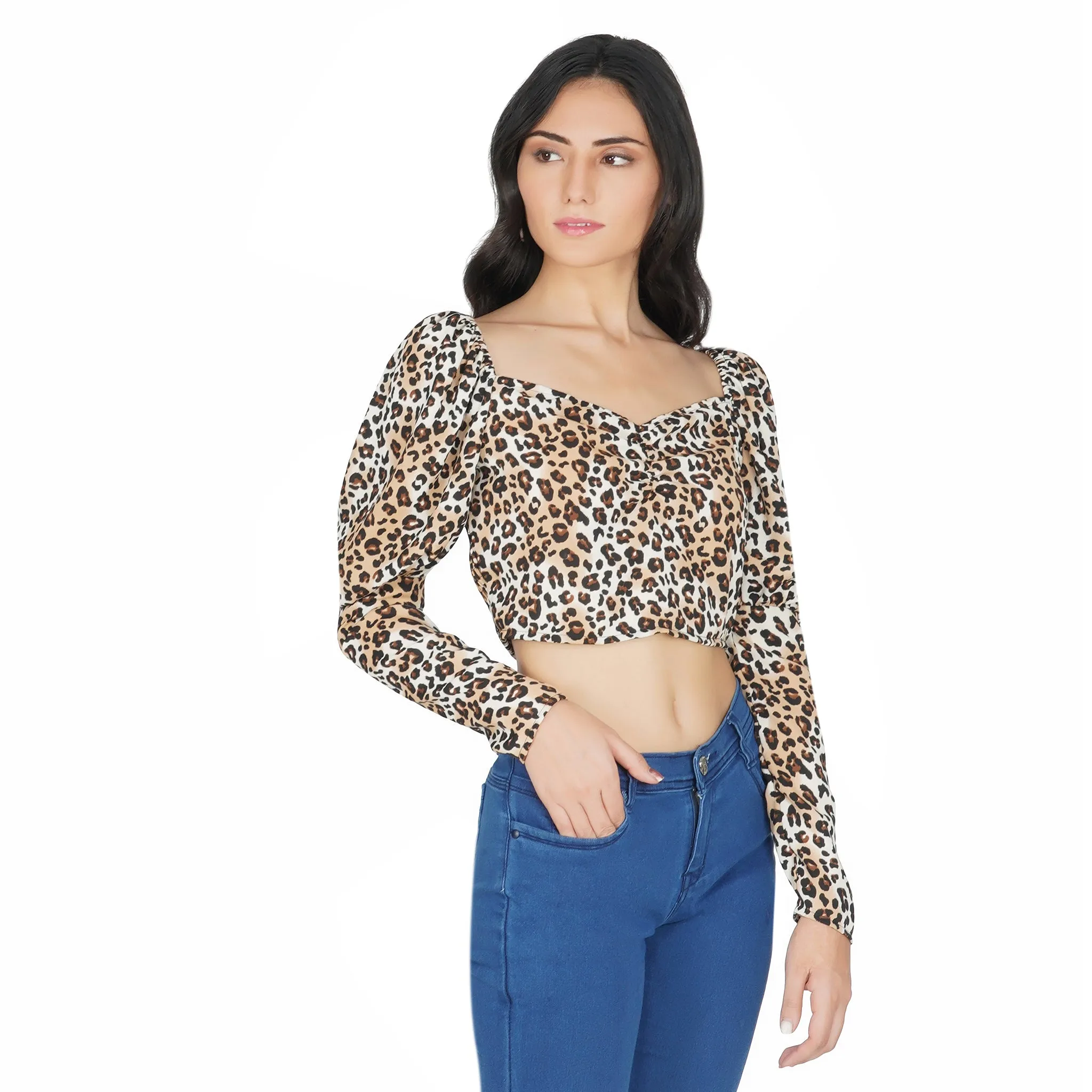 SLAY. Women's Animal Print Smocked Top with Puffed Sleeves