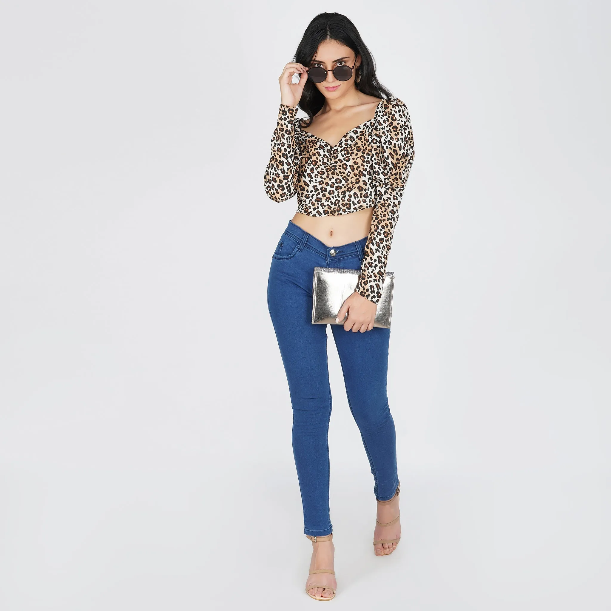 SLAY. Women's Animal Print Smocked Top with Puffed Sleeves