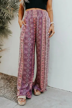 Smocked Printed Wide Leg Pants