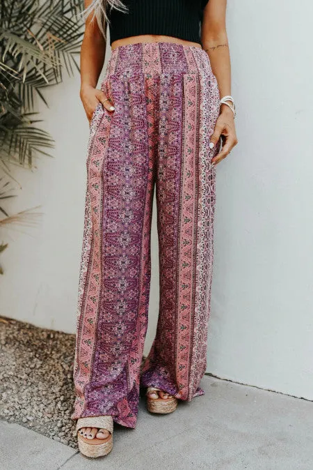 Smocked Printed Wide Leg Pants