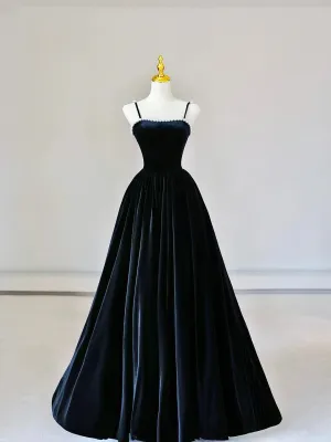 Spaghetti Strap Velvet Long Prom Dress with Pearls Black Evening Dress Party Dress