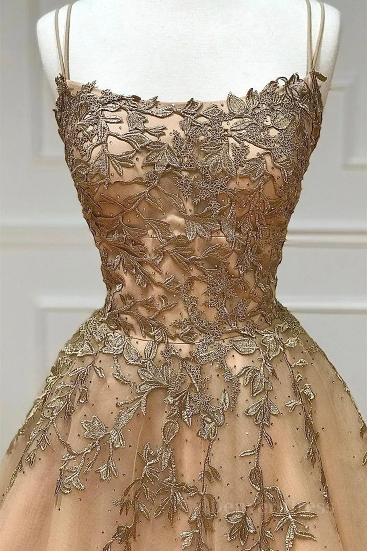 Spaghetti Straps Champagne Lace Tulle Long Prom Dress Champagne Lace Formal Evening Dress Champagne Ball Gown