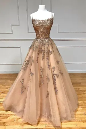 Spaghetti Straps Champagne Lace Tulle Long Prom Dress Champagne Lace Formal Evening Dress Champagne Ball Gown