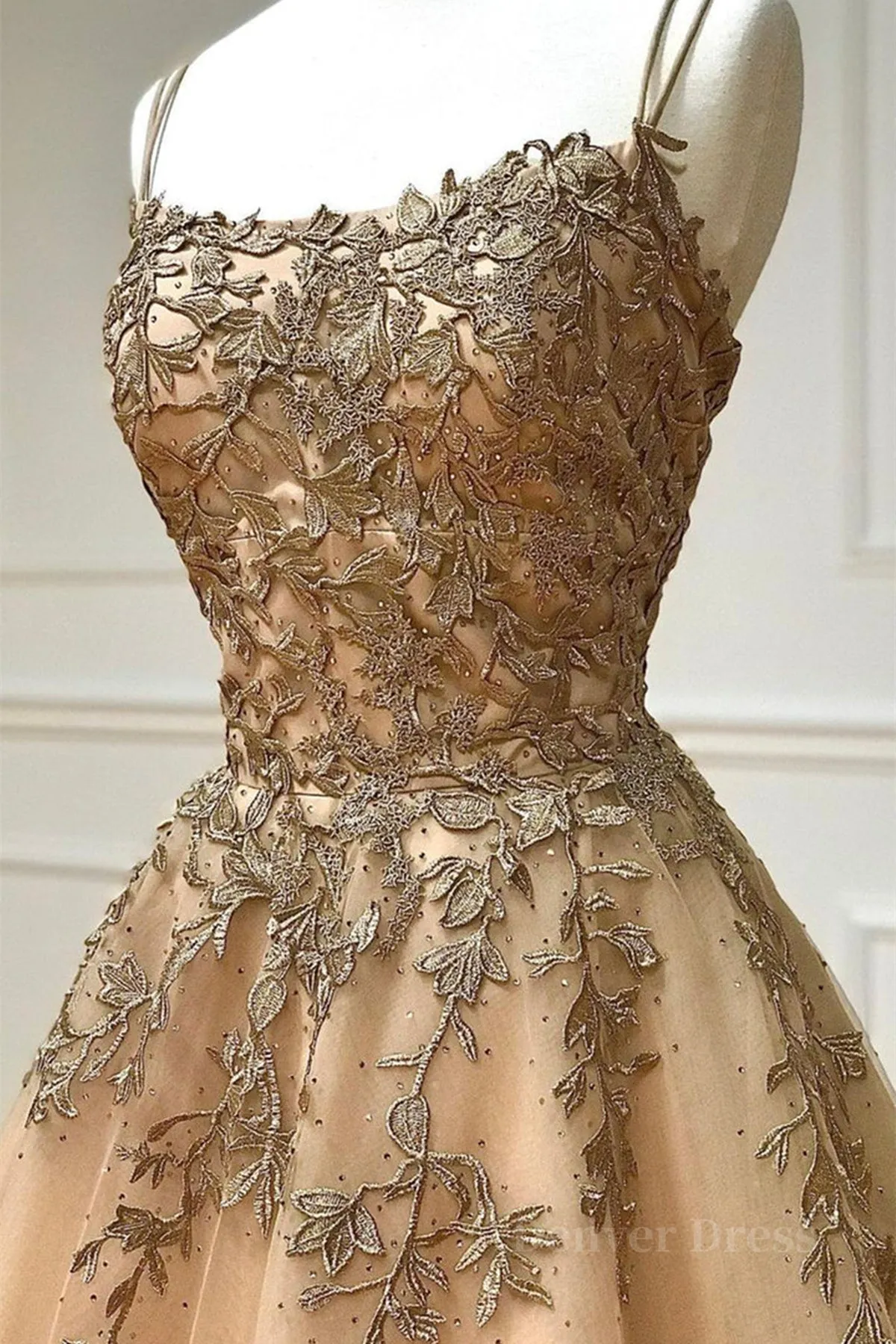 Spaghetti Straps Champagne Lace Tulle Long Prom Dress Champagne Lace Formal Evening Dress Champagne Ball Gown