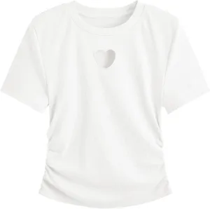 SweatyRocks Women's Y2K Short Sleeve Heart Cutout Ribbed Fitted Crop Top Tee Shirt
