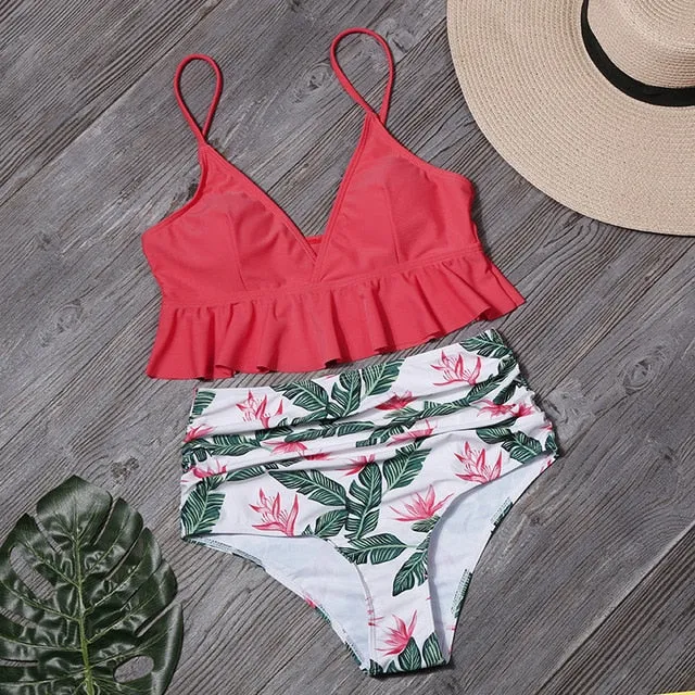Swimwear Women Bikini Bathing Suit Flounced Ruffles Swimwear Push Up Bikini Women's High-waisted Bikini Beachwear Swimsuit Women