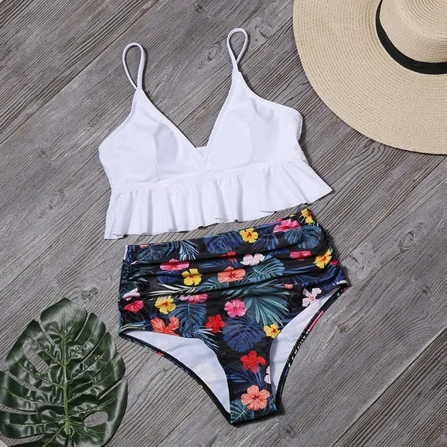 Swimwear Women Bikini Bathing Suit Flounced Ruffles Swimwear Push Up Bikini Women's High-waisted Bikini Beachwear Swimsuit Women