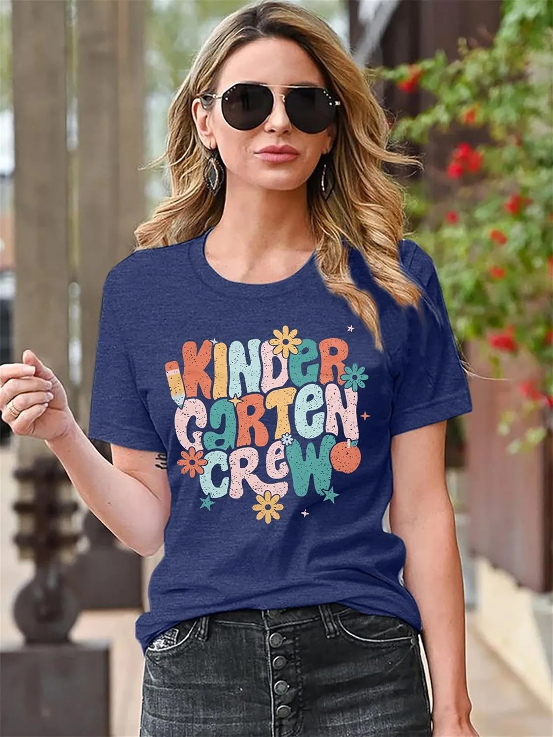 Teacher Shirt Women First Day of School T-Shirt Back to School Tshirt Kindergarten Crew Shirt Teacher Gift Tops