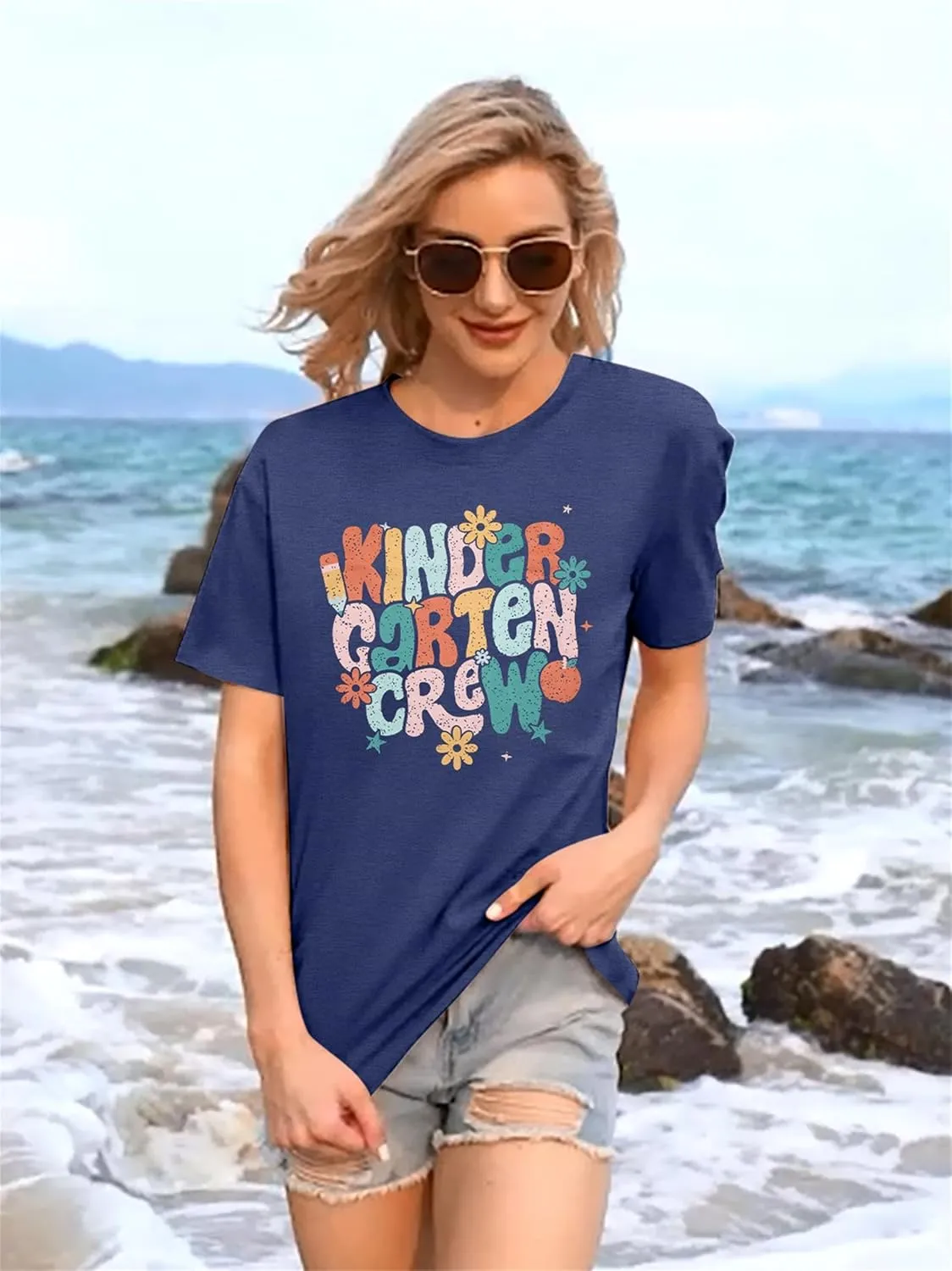 Teacher Shirt Women First Day of School T-Shirt Back to School Tshirt Kindergarten Crew Shirt Teacher Gift Tops