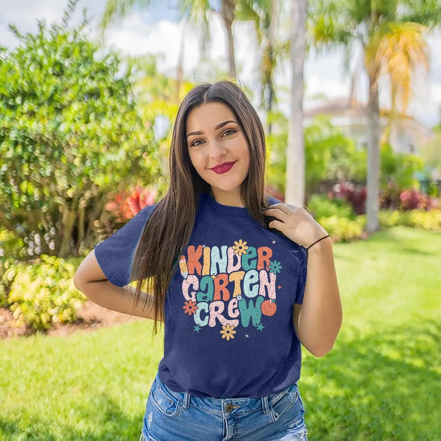 Teacher Shirt Women First Day of School T-Shirt Back to School Tshirt Kindergarten Crew Shirt Teacher Gift Tops
