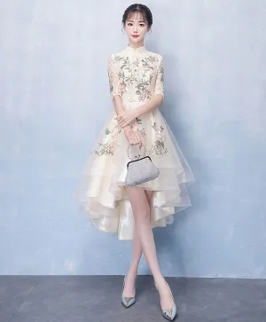 Unique Champagne Tulle Lace Applique Prom Dress Evening Dress