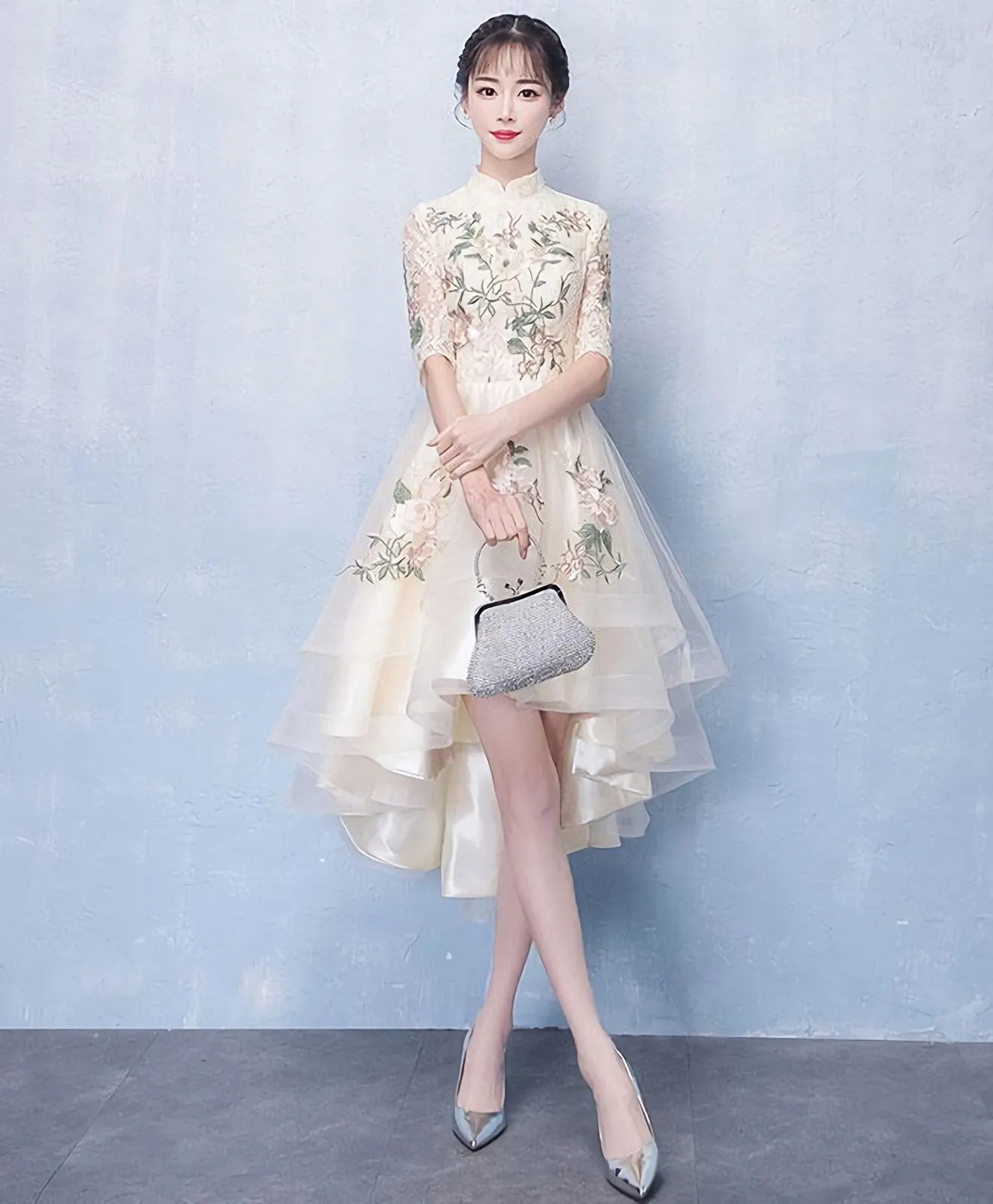 Unique Champagne Tulle Lace Applique Prom Dress Evening Dress