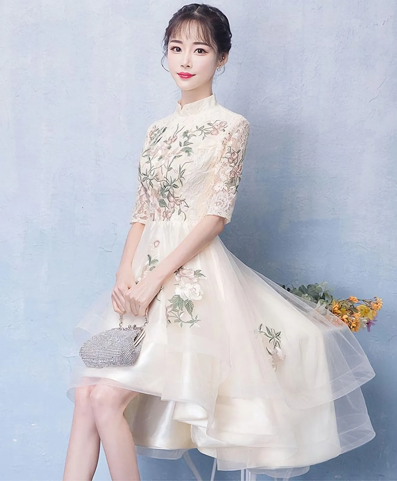 Unique Champagne Tulle Lace Applique Prom Dress Evening Dress