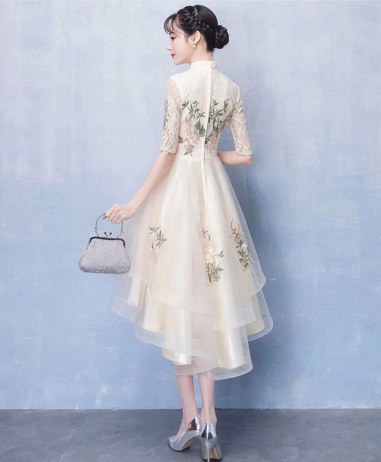 Unique Champagne Tulle Lace Applique Prom Dress Evening Dress