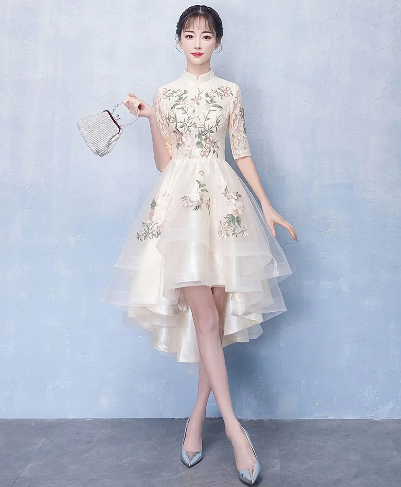 Unique Champagne Tulle Lace Applique Prom Dress Evening Dress