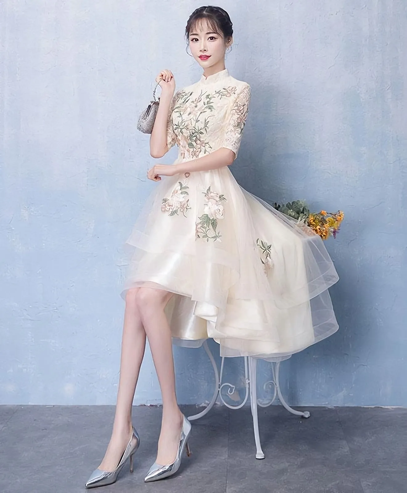 Unique Champagne Tulle Lace Applique Prom Dress Evening Dress